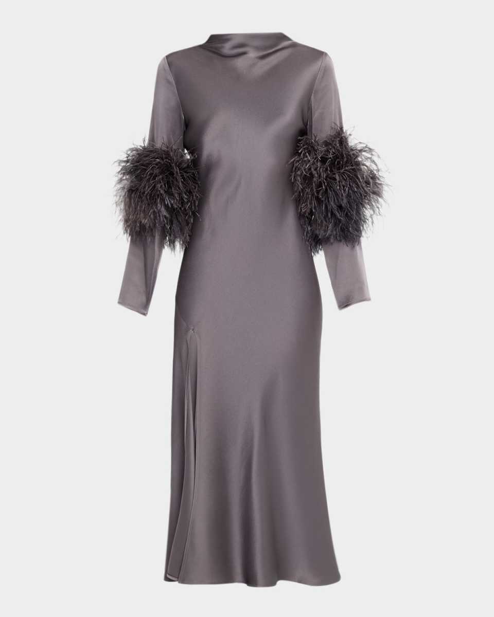 Feather-Trim Long-Sleeve Satin Bias Midi Dress